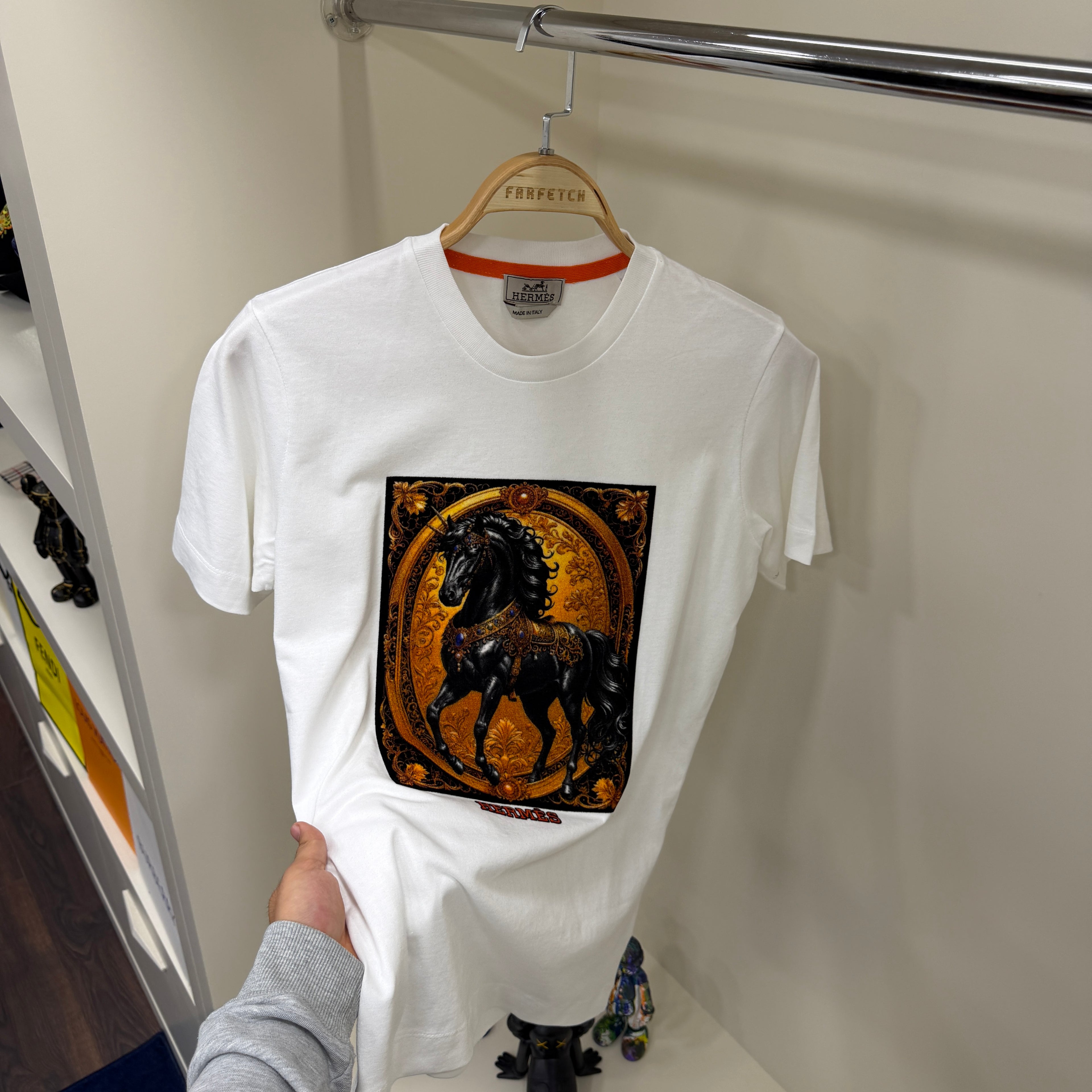 Hermes Flok Baskı Beyaz T-Shirt