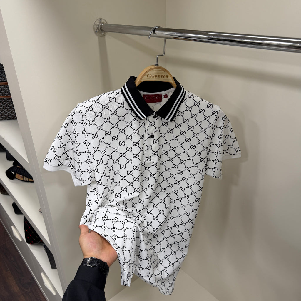 Gucci Full Baskı Polo Yaka Beyaz